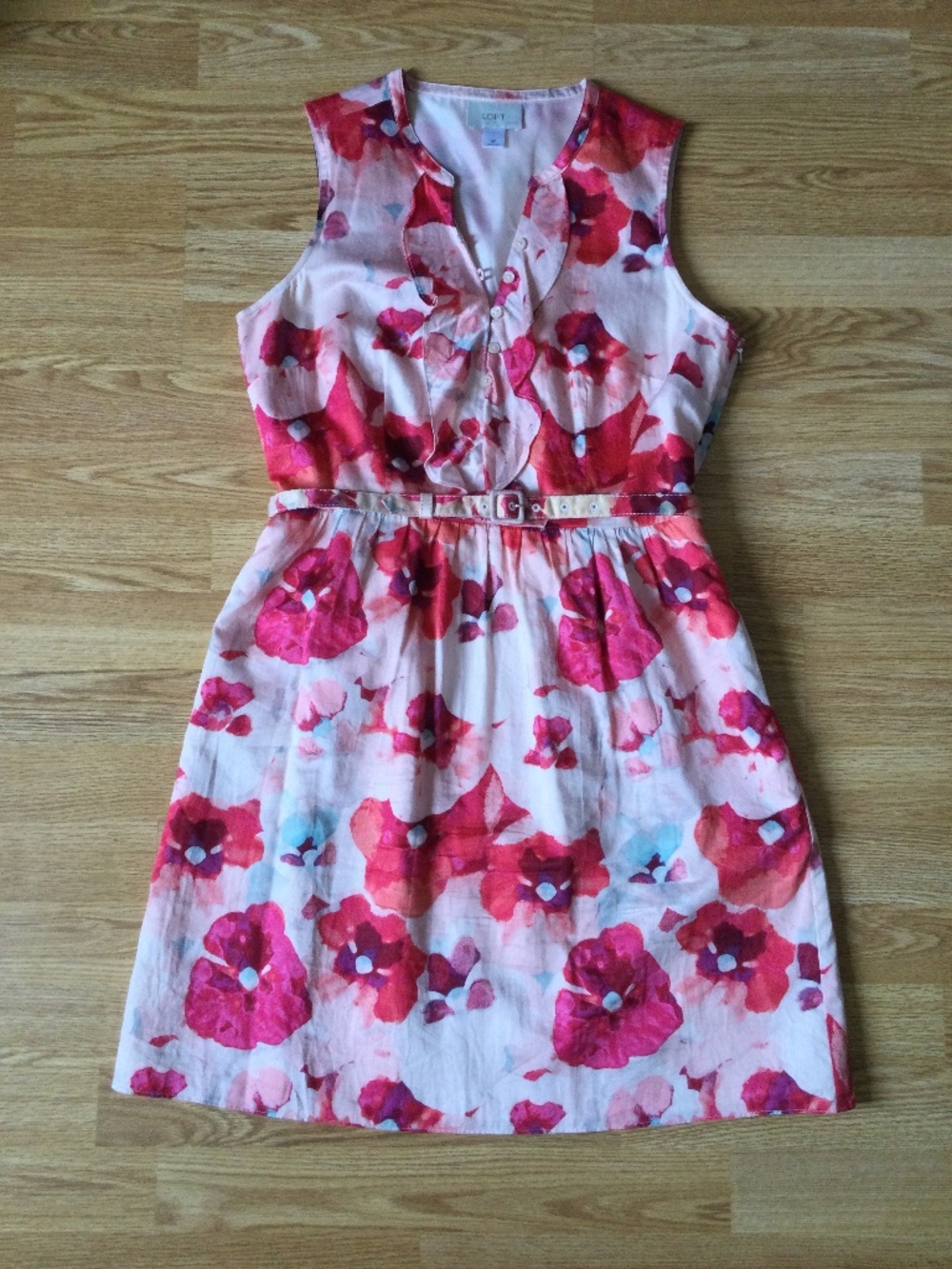 Loft Petits Cotton Sleeveless Ruffled Belted Mini Dress 8p Floral Pink Lined